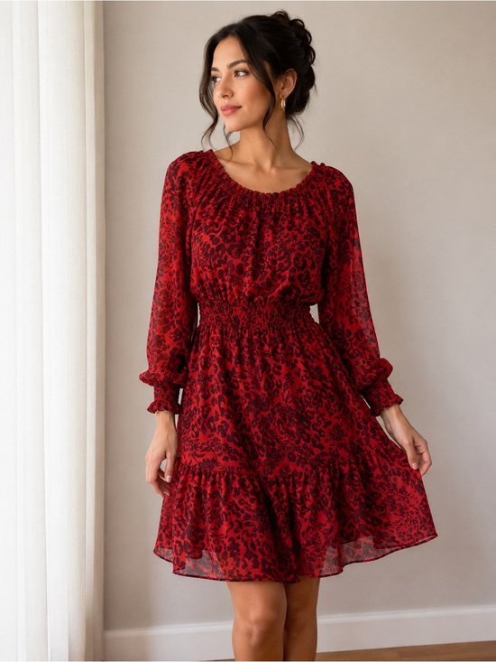 Nine West Dresses & Skirts - Nine West Red Leopard-Print Long-Sleeve Smocked Dress
